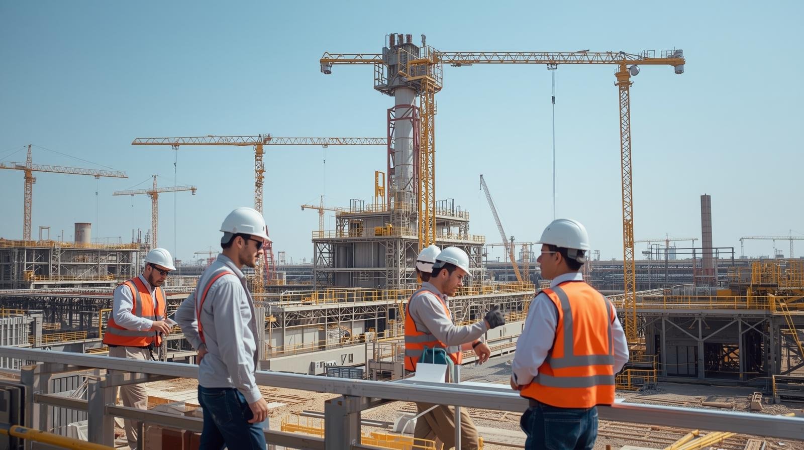 ingenieria. mega proyectos industriales, imagen para una portada, que se vea limpio y natural.. que se vea obreros e ingenieros trabajando, y la imagen se vea desde una distancia de unos 200 metros