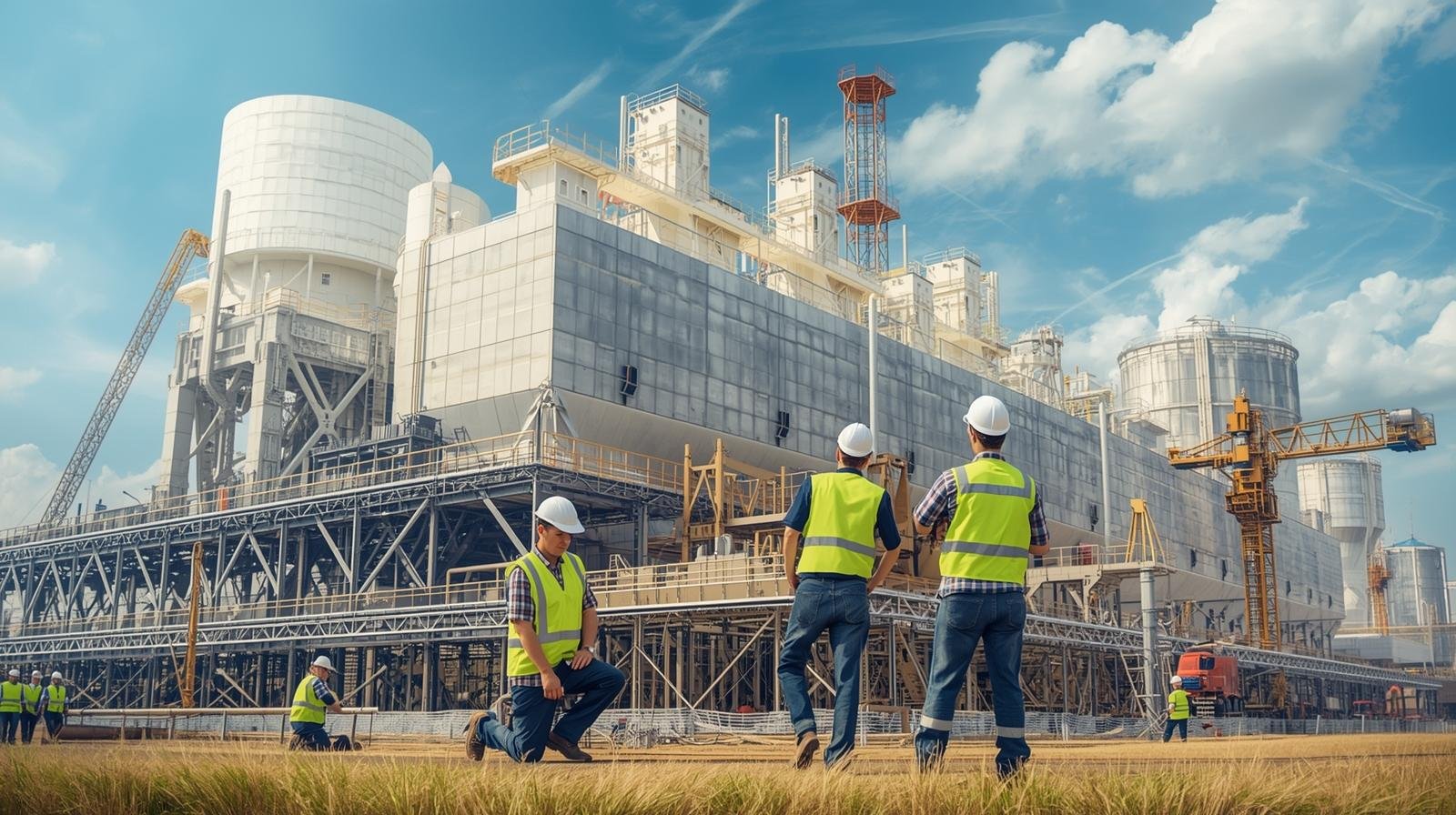 ingenieria. mega proyectos industriales, imagen para una portada, que se vea limpio y natural.. que se vea obreros e ingenieros trabajando