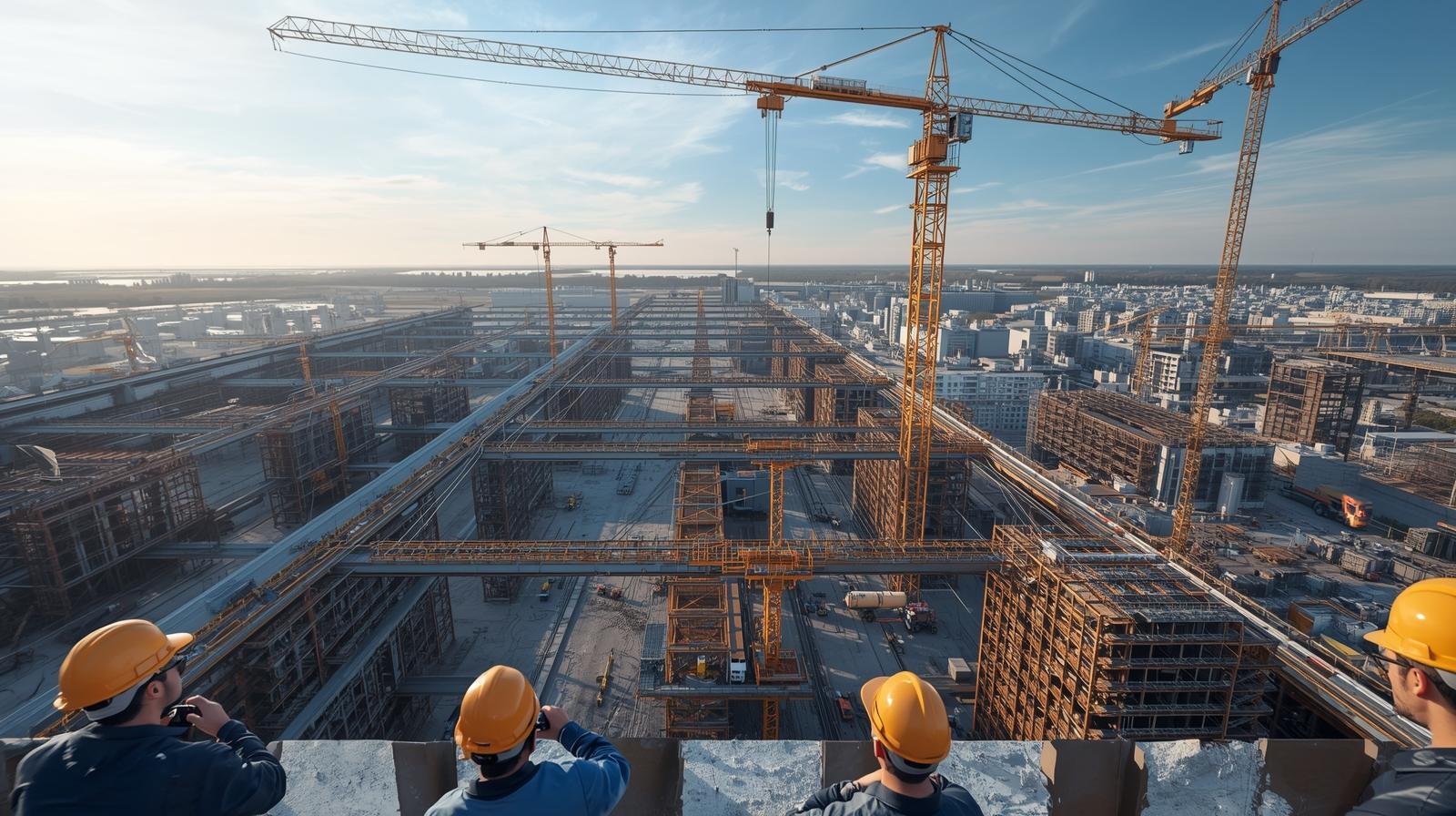 crea una imagen de un proyecto de infraestructura con ingenieros trabajando y que se vea a una distancia de unos 500 metros